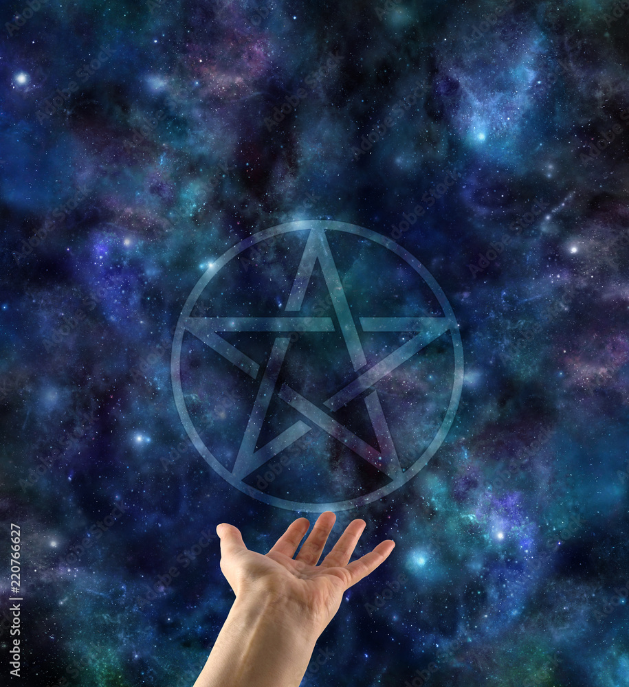 Poster presenting the pentacle - transparent pentacle symbol floating above open palm hand against a dark b