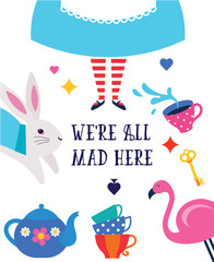 Alice in Wonderland banner, poster and card. We are mad here