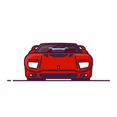 Front view of red fantasy racing sport car from 90s or 80s. Red super sport car for races. Line style vector illustration. Sport car banner. Speed and racing auto with spoiler and hidden headlamps.