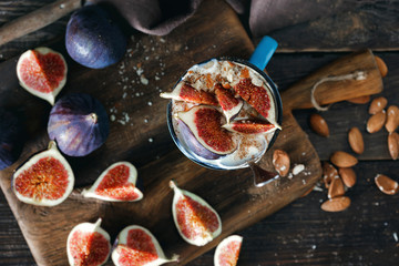 Healthy breakfast natural yoghurt almonds top view