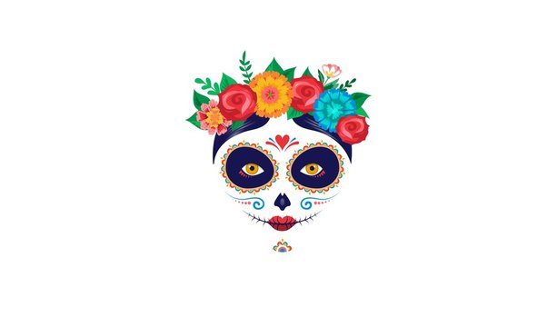 Dia de los muertos, Day of the dead, Mexican holiday, festival. Poster, banner and card with make up of sugar skull, woman with flowers