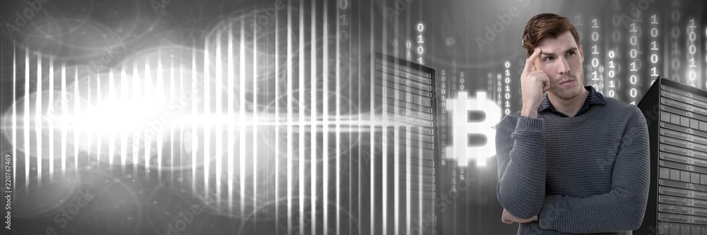 Poster man with computer servers and bitcoin technology information