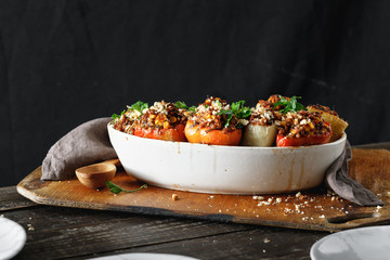 Healthy vegetarian food сooked stuffed peppers lentils almonds corn salsa