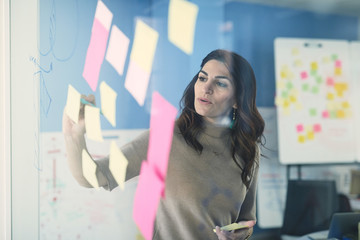 Female mature engineer writing on adhesive note stuck to glass in office