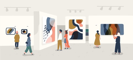 Exhibition visitors viewing modern abstract paintings at contemporary art gallery. People regarding creative artworks or exhibits in museum. Colorful vector illustration in flat cartoon style. - obrazy, fototapety, plakaty