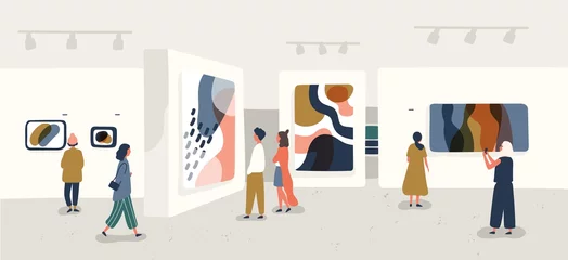 Foto auf Acrylglas Exhibition visitors viewing modern abstract paintings at contemporary art gallery. People regarding creative artworks or exhibits in museum. Colorful vector illustration in flat cartoon style. © Good Studio