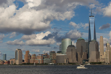 Freedom Tower Lower Manhattan Skyline with Motorboat