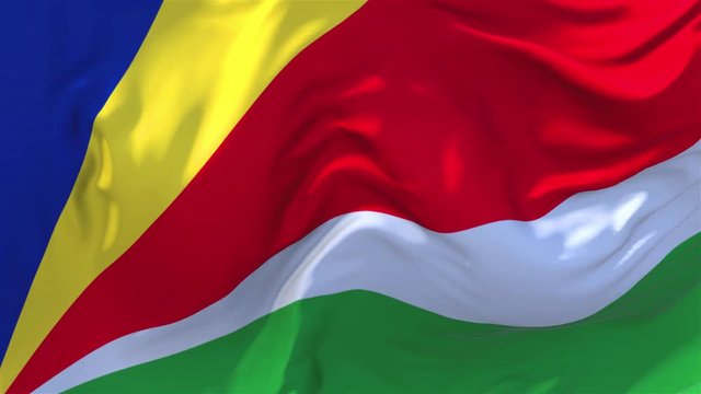 256. Seychelles Flag Waving in Wind Slow Motion Animation . 4K Realistic Fabric Texture Flag Smooth Blowing on a windy day Continuous Seamless Loop Background.