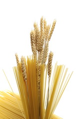 Dry wheat ears, grain with raw pasta noodles for spaghetti isolated on white background, with clipping path