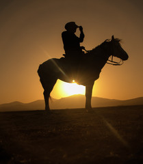 horses, cowboys, dogs at sunset