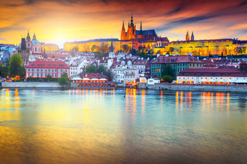 Beautiful colorful sunset with medieval buildings in Prague, Czech Republic