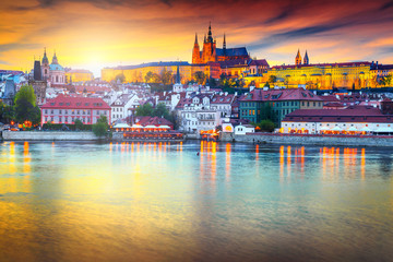 Fototapeta na wymiar Beautiful colorful sunset with medieval buildings in Prague, Czech Republic
