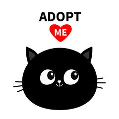 Black cat round face silhouette. Adopt me. Red heart. Pet adoption. Kawaii animal. Cute cartoon kitty character. Funny baby kitten. Help homeless animal Flat design. White background