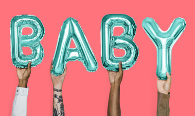 Hands showing baby balloons word