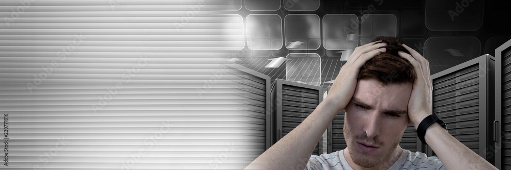 Poster man with computer servers and technology information interface