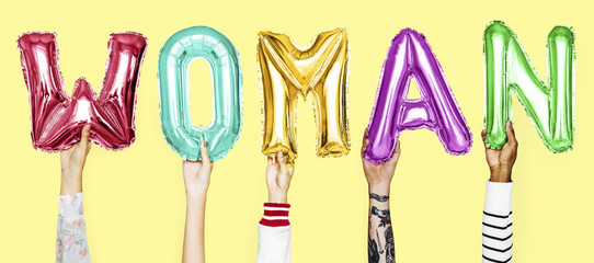 Hands showing woman balloons word