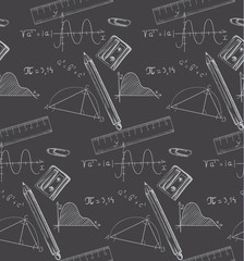 Math formulas and crayons drawn on a blackboard Vector
