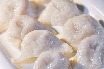 Close up fish dumpling (fish wontons) on the white plate with shallow depth of field