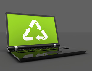 3D Laptop with a recycling symbol on screen. environmental conservation concept