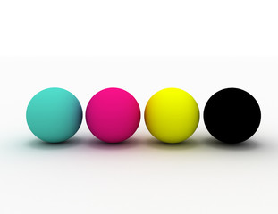 3d render of four spheres in CMYK colours