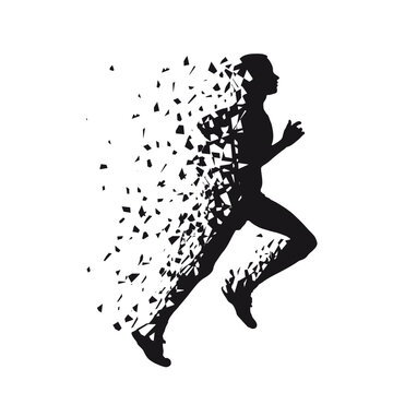 Vector logo man runs fast, runner in broken sketch style