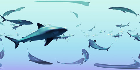 HDRI map, spherical environment panorama nature background, group of silvertip sharks swimming in the ocean (3d equirectangular rendering)