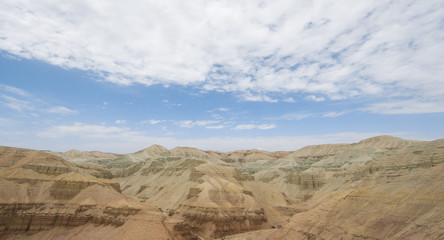Naklejka premium summer sunny panorama of the valley of desert mountains, Kazakhstan, Altyn-Emel National Park