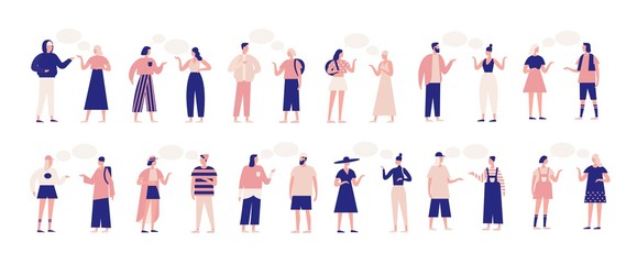 Bundle of people talking or speaking to each other. Collection of chatting men and women with speech bubbles isolated on white background. Colorful vector illustration in flat cartoon style.