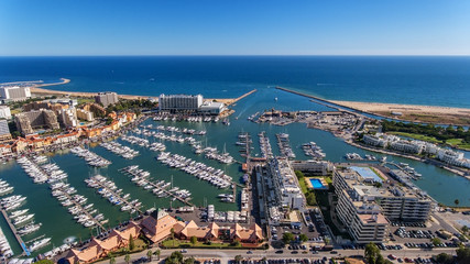 Aerial view of the bay of the marina, with luxury yachts in Vilamoura.