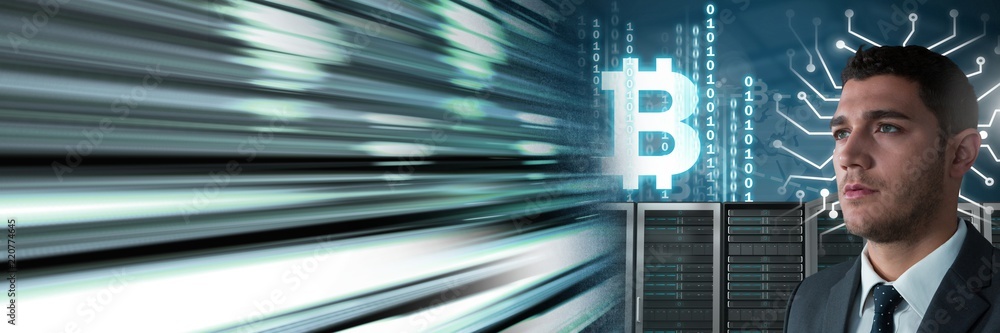 Poster man with computer servers and bitcoin technology information