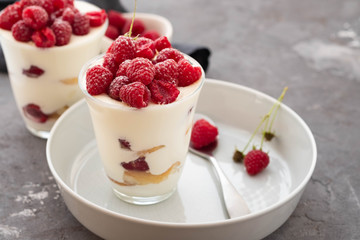 Tiramisu with raspberry in glasses on grey background. Italian dessert. Copy space.