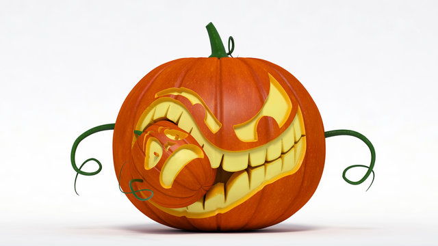 Halloween, Evil Jack-o-lantern Pumpkin Eating Small Pumpkin. 3d Illustration