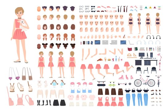 Cute young girl DIY or constructor kit. Bundle of body parts in different postures, facial expressions, girlish clothes and accessories isolated on white background. Flat cartoon vector illustration.