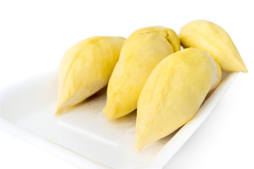 durians in packed foam tray on white background