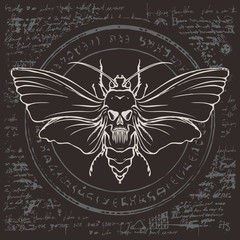 Illustration of a butterfly Dead head with skull-shaped pattern on the thorax on an abstract background of old manuscript with circle, magical inscriptions and symbols. Vector banner in retro style