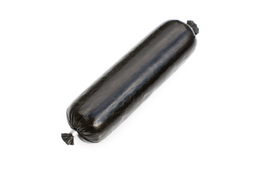 Black pudding blood sausage isolated on a white studio background.