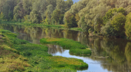 Fototapeta na wymiar Summer day nature panorama with river and riversides with bushes of trees