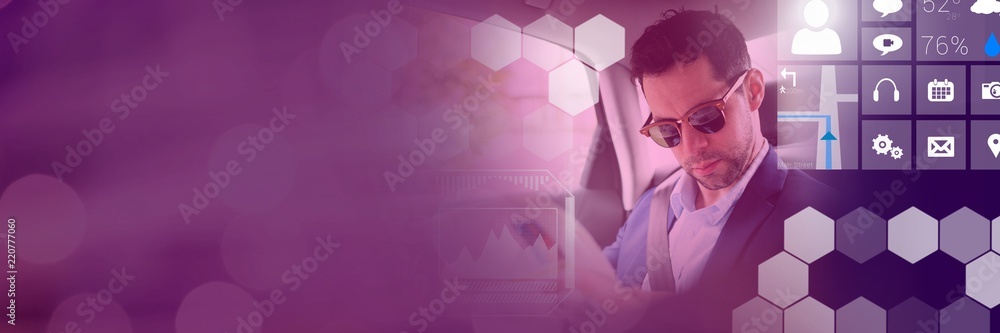 Poster man in driverless autonomous car with heads up display interface