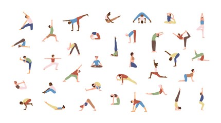 Crowd of tiny people performing yoga exercises. Men and women practicing Asana isolated on white background. Spiritual practice and physical activity. Flat cartoon colored vector illustration. - obrazy, fototapety, plakaty