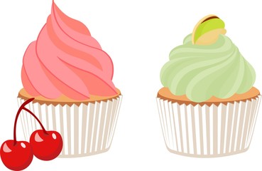 Pistachio cupcake and cherry cupcake. Raster cartoon illustration on white background