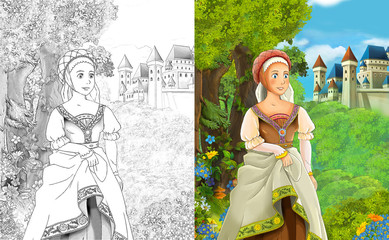 cartoon scene with beautiful princess standing in the forest near the castle - with coloring page - illustration for children © honeyflavour