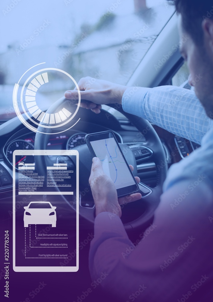 Poster man driving in car with heads up display interface and phone