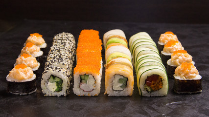 Sushi roll set with cream cheese, sesame. Japanese food