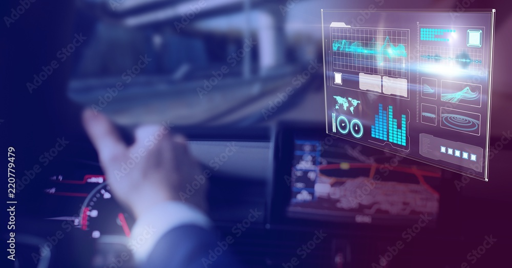 Poster man driving in car with heads up display interface