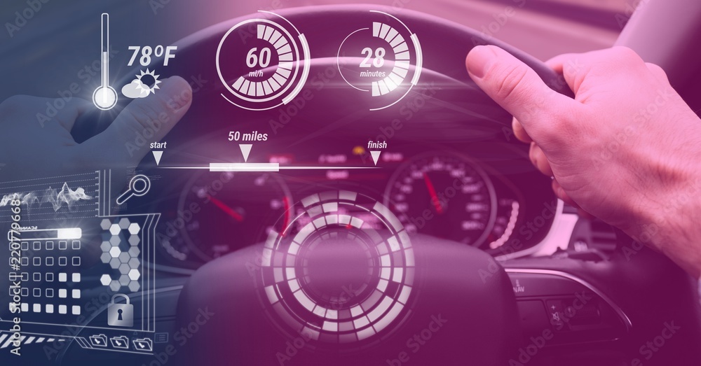 Poster man driving in car with heads up display interface