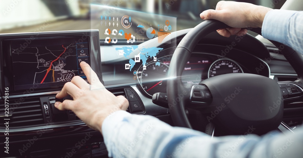 Poster man driving in car with heads up display interface