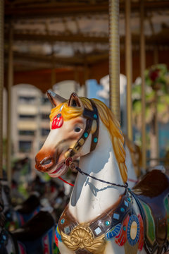 Front closeup selective focus of a merry go round horse outdoors.