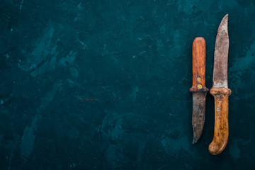 Old knife Kitchen utensils. Free space for text. Top view.