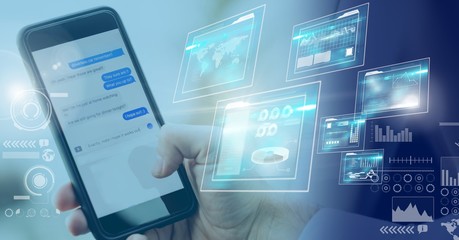 Hand holding phone with display interface glowing