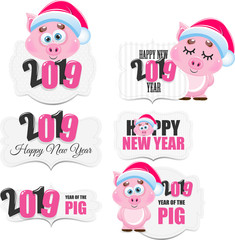 Cute cartoon vector pig icon. Happy New Year. Animal of the Year 2019.